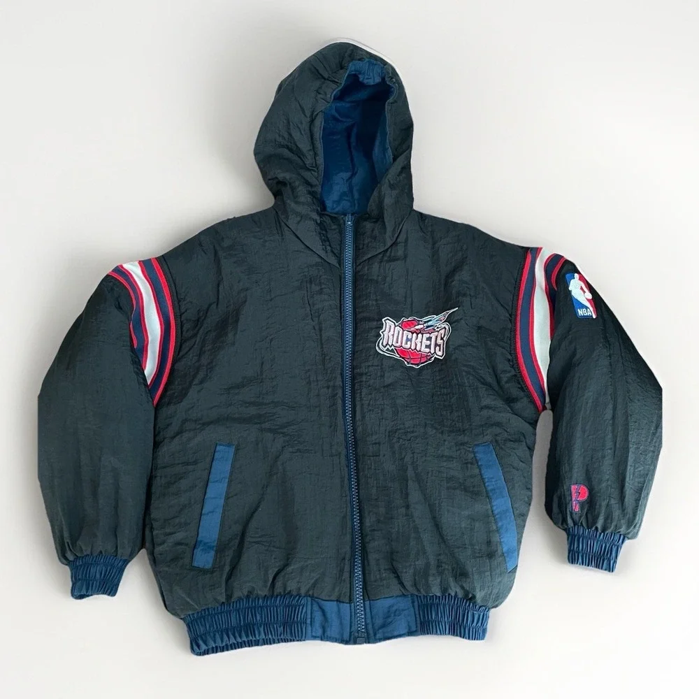Vintage Pro Player Houston Rockets Puffer Jacket Full Zip Reversible Sz YL 14-16